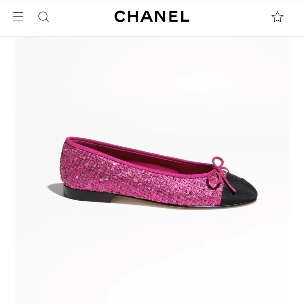Coated Tweed & Grosgrain
Pink, Light Pink & Black chanel ballet flats, ballerina